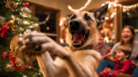 Happy dog engages with family in festive living room decorated for Christmas. Warm atmosphere with glowing lights around the tree. Concept of pet happiness, family gatherings, holiday cheer.の素材