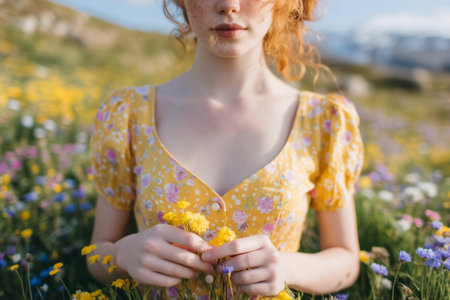 Woman in yellow floral dress holding bunch of flowers amidst vibrant wildflower meadow. Scenic outdoor setting with clear blue sky and rolling hills.の素材
