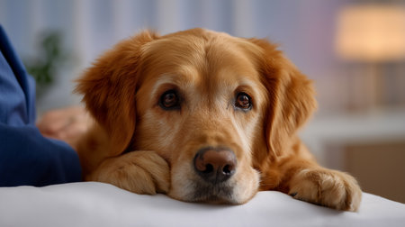 Golden retriever rests with head on paws, looking at camera in warm and inviting living room. Soft lighting creates a calming atmosphere. Concept of pet care, animal companionship, wellness.の素材
