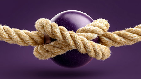 Rope entwines around shiny purple sphere in artistic composition. Rich purple background enhances visual impact. Concept of design, creativity, branding.の素材