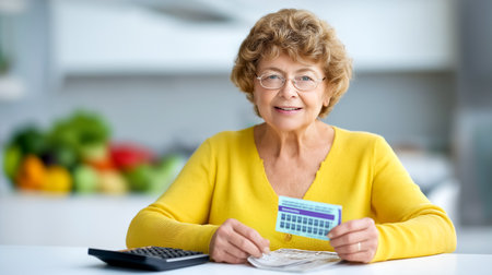 Senior woman smiles while holding a lottery ticket and looking at camera. Bright and inviting kitchen filled with fresh produce, conveying notions of fortune and optimism.の素材