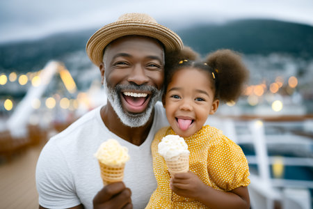 Grandfather and granddaughter smiling joyfully while holding ice cream cones. Bright setting at the harbor with soft focus background. Concept of family bonding, joy, outdoor activities.の素材
