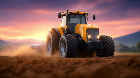 Tractor plows soil under stunning sunset sky with vibrant hues. Agricultural setting captures hard work in farming, rural landscape with open fields.の素材