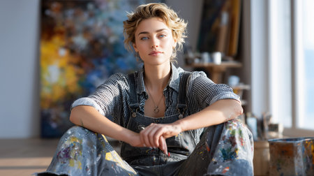 Artist sitting calmly on the floor of vibrant studio filled with colorful paintings and art materials. Natural light floods in, reflecting creativity and inspiration.の素材