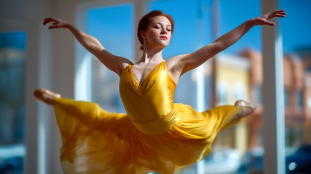 Ballerina extends her arms gracefully while leaping mid-air in a bright dance studio. Warm sunlight filters through expansive windows creating a joyful ambiance. Concept of dance, grace, performance.の素材
