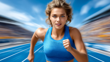 Athlete sprints down the track with focus and determination. Vibrant blue background creates energetic atmosphere. Concept of sports, athletic training, competitive running.の素材