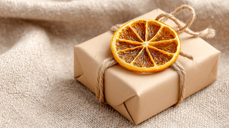 Brown paper package decorated with a dried orange slice placed on soft beige fabric. Warm, cozy setting conveys a rustic charm. Concept of gifting, handmade crafts, decoration.の素材