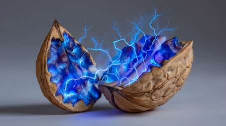 Walnut shell splits open with dynamic electric blue light emanating from inside. Smooth gray backdrop enhances striking visual. Concept of food innovation, creativity, culinary arts.の素材