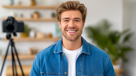 Young man smiling and looking at camera in modern home interior with wooden shelves and plants. Bright atmosphere enhances friendly vibe. Concept of lifestyle, personal branding, social media.の素材