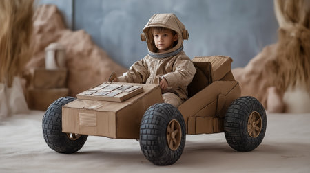 Child dressed as astronaut sits in cardboard spaceship exploring imaginative landscape. Cozy indoor setting with textured surfaces and rocky decor. Concept of play, creativity, childhood.の素材