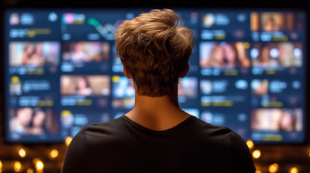 Person watches streaming service on large screen in a cozy living room adorned with soft lighting. Intimate atmosphere, relaxing evening setting. Concept of entertainment, technology, home comfort.の素材