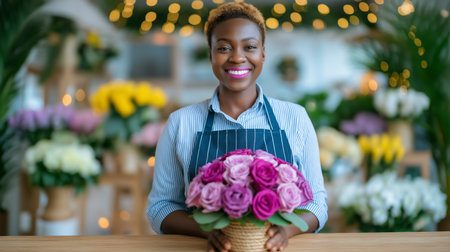 Woman looking at camera while holding beautiful bouquet of pink roses. Bright flower shop filled with colorful blooms creates inviting atmosphere.の素材