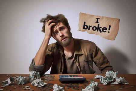 Young man sitting at wooden table with messy hair and scruffy beard gripping his head in despair. Crumpled overdue bills and scattered coins create a chaotic setting against a white wall.の素材