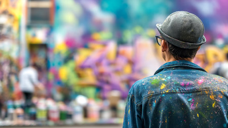 Street artist spray paints a vibrant mural on a wall while surrounded by colorful paint cans. Urban alley setting provides backdrop for expressive street art.の素材