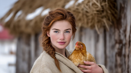 Woman holds chicken close while standing outside in snowy landscape. Rustic wooden fence and straw roof create a rural atmosphere. Concept of farming, agriculture, animal husbandry.の素材