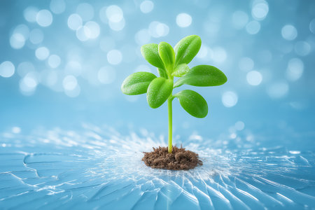 New green plant emerges from cracked soil set against soft blue bokeh background. Bright and uplifting atmosphere symbolizes growth and resilience.の素材