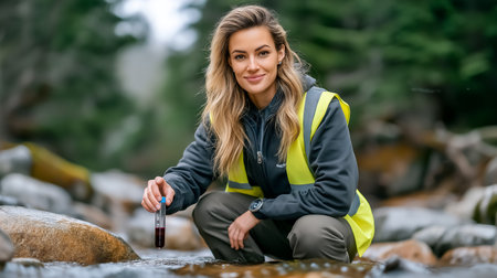 Woman crouches by clear stream, gathering water samples in test tube. Lush green forest surrounds, depicting commitment to environmental research.の素材
