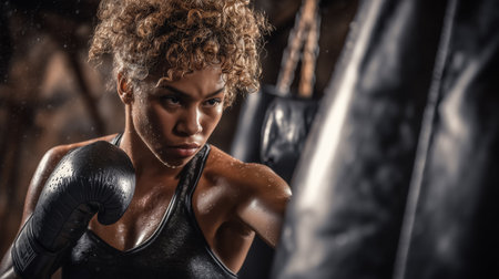 Female boxer throwing punch at heavy bag in dimly lit gym. Sweat glistens on her skin as she focuses on technique and form. Concept of sports training, fitness motivation, empowerment.の素材
