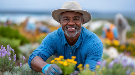 Man wearing hat and gloves carefully plants bright yellow flowers in colorful garden. Outdoor setting showcases diverse plants and flowers. Concept of gardening, horticulture, community garden.の素材