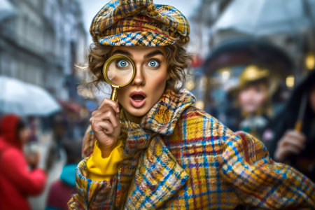 Woman in vintage plaid coat and houndstooth deerstalker hat peeks around corner holding magnifying glass over her eye. Autumn street setting with cozy lighting.の素材