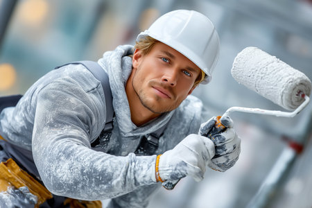 Construction worker applying paint with roller while wearing protective gear. Bright urban setting enhances focus on building project. Concept of construction, renovation, painting.の素材