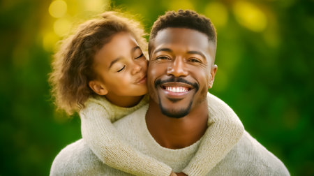 Father smiles widely while daughter kisses his cheek, showing affection and joy in a vibrant outdoor setting. Soft sunlight filters through greenery, creating a loving atmosphere.の素材