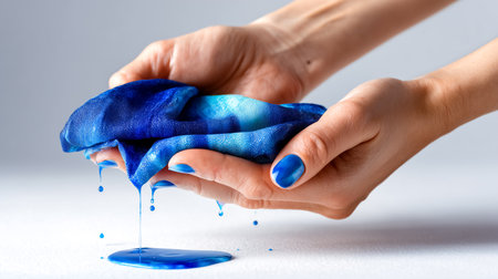 Hands press on bright blue material, paint oozes down while creating artistic effect. Bright, minimalist setting highlights texture and color.の素材