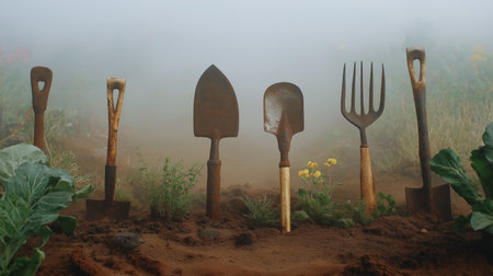 Garden tools stand upright in misty environment, creating a rustic ambiance. Soil sets the stage for growth, with yellow emerging flowers nearby. Concept of gardening, agriculture, outdoor activities.の素材
