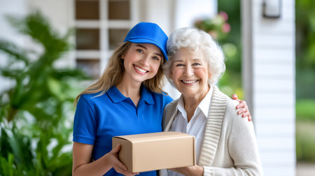 Delivery person smiles while handing over package to senior woman in cozy home environment. Warm and friendly activity taking place in well-lit porch area.の素材