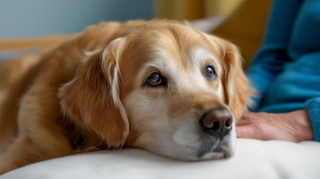 Golden retriever rests with gentle expression looking at camera beside a person in calm indoor location. Soft furnishings and warm color tones create a cozy ambiance.の素材