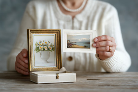 Woman examines vintage picture frame featuring flowers while holding scenic postcard. Neutral background enhances focus on personal treasures. Concept of nostalgia, art galleries, memory keeping.の素材