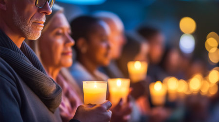 People participating in a candlelight vigil holding lit candles. Warm, ambient lighting enhances emotional atmosphere in a communal setting. Concept of community support, remembrance, peace.の素材