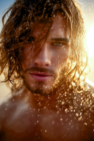 Man shaking wet hair under radiant sunset light, droplets flying in sharp clarity. Captivating outdoor setting with warm golden hues. Concept of lifestyle, fitness, wellness.の素材