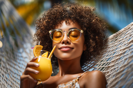 Woman with curly hair relaxes in a hammock enjoying a bright orange drink. Tropical setting with palm trees, warm sunlight creating a tranquil atmosphere. Concept of leisure, vacation, wellness.の素材