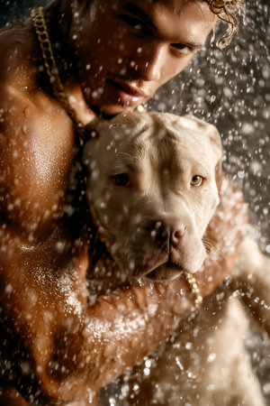 Man shakes water off playful dog in dynamic moment, droplets sparkling beautifully. Indoor setting with playful atmosphere. Concept of pet care, dog training, animal photography.の素材