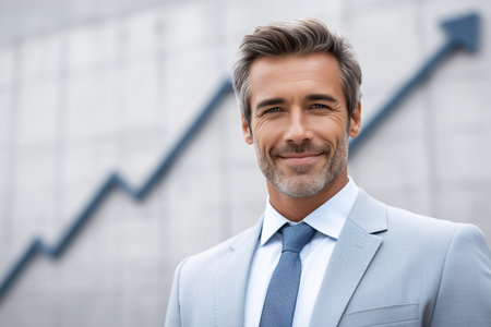 Man smiling while dressed in formal suit with tie. Modern office setting with gray wall displaying growth chart. Concept of finance, business growth, success motivation.の素材