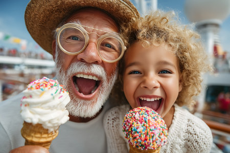 Grandfather and granddaughter delight in colorful ice cream cones, exhibiting joyful expressions. Bright outdoor atmosphere, lively background with people and carnival vibes.の素材