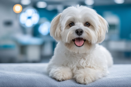 White dog looking at camera, laying comfortably in veterinary clinic setting. Clean environment with soft blue tones, showcasing pet care. Concept of veterinary services, animal health, pet adoption.の素材