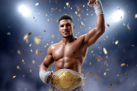 Athlete triumphantly raises championship belt amidst a whirlwind of confetti. Dramatic lighting enhances the victorious moment, showcasing strength and determination.の素材