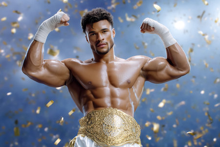Athlete flexes muscles proudly while wearing championship belt. Vibrant background with golden confetti creates celebratory mood. Concept of sports achievement, fitness motivation, athletic pride.の素材