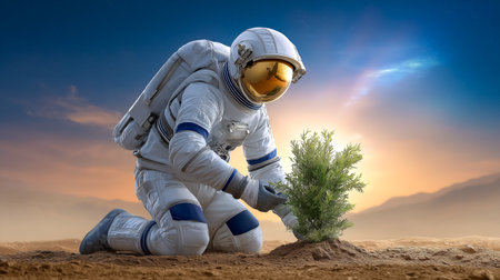 Astronaut kneels to plant a tree on arid soil of Mars. Bright sunlight casts glow behind, showcasing expansive horizon.の素材