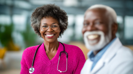 Two healthcare workers smile warmly at camera, showcasing friendly atmosphere in modern clinic. Bright interior design reflects professionalism and warmth. Concept of healthcare, wellness, community.の素材