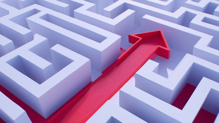 Red arrow clearly indicates direction through intricate white maze structure, highlighting problem-solving and decision-making. Concept of education, strategy development, gaming.の素材