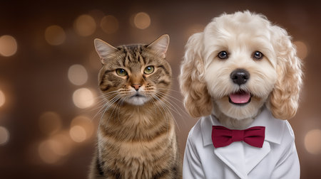 Dog wearing tuxedo looks at camera while cat sits nearby with serious expression. Soft bokeh background adds charm to playful setting. Concept of pet care, animal services, pet photography.の素材