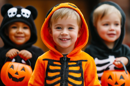 Kids dressed in colorful Halloween costumes pose joyfully outdoors with pumpkin baskets. Cheerful atmosphere captures celebration spirit.の素材