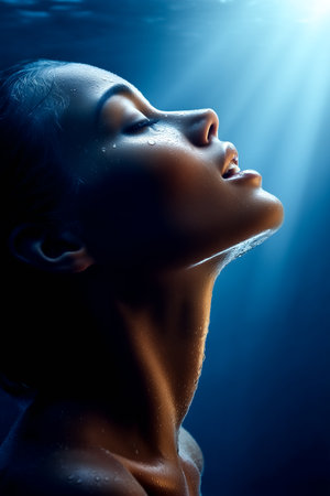Woman crying underwater with expressive emotion captured in serene, minimalist setting. Bright cinematic backlight highlights raw feelings.の素材