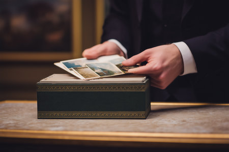 Man focuses on selecting vintage photographs from a decorative box while surrounded by art pieces in a gallery. Warm, inviting atmosphere enhances appreciation for history.の素材