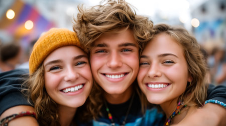 Three young friends smile brightly while posing together at outdoor festival. Joyful expression highlights vibrant atmosphere filled with colorful decorations.の素材