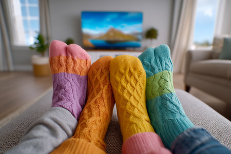 Feet in colorful knitted socks rest together on couch while watching TV. Light and airy living room setting with a soft color palette. Concept of family time, home comfort, relaxation.の素材