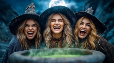 Three witches with long hair wearing pointed hats laugh around a cauldron filled with green potion. Moonlit night setting with dramatic shadowy backdrop.の素材